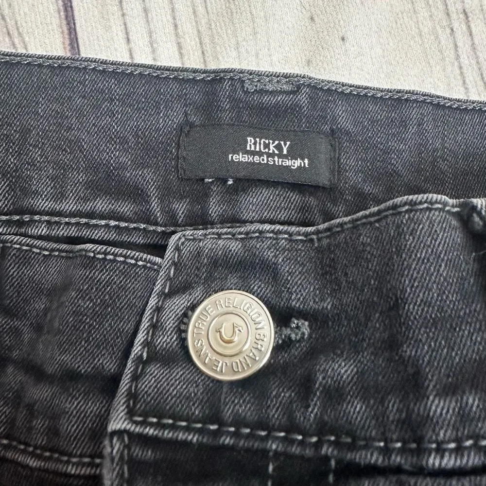 True Religion Black Denim Jeans Mens Sz 40 Ricky Relaxed Straight Flap‎ Pockets